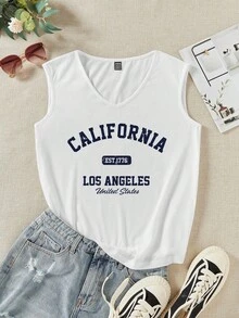 SHEIN LUNE Casual Minimalist V-Neck Letter Pattern Fitted Tank Top For Women, Suitable For Summer