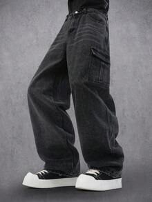 Manfinity Denimwave Manfinity 街头风男士时尚十字架字母水钻装饰牛仔裤 万圣节诸圣节水钻牛仔裤 Y2K 水钻黑色宽松阔腿迪斯科派对破洞牛仔 - 黑色 - 查看 8