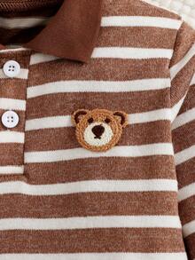 SHEIN Toddler Boys' Casual Comfortable Striped Polo Collar Loose Bear Top + Loose Striped Pants Polo Suit, Autumn/Winter - Brown - View 6