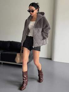 DAZY 女款秋冬拼接千鸟格短款羊毛夹棉大衣 - 深灰色 - 查看 2