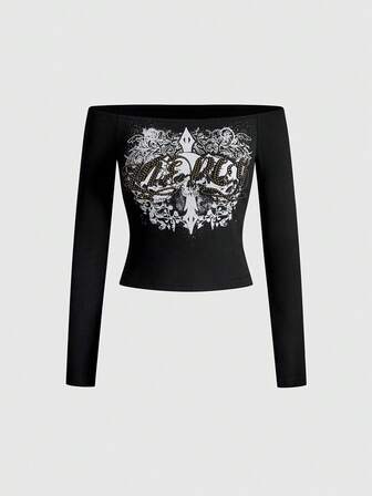 Grunge Punk T-shirt moulant pour femmes style punk du millénaire avec squelette, vigne et croix strass épaules dénudées