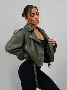 SAYEHFBABY 女士时尚拉链立领机车夹克，秋季 - 軍綠色 - 查看 3