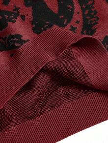 ROMWE Gothic Palace Cat Moon Chain Mysterious Black Cat Full Print Dark Pullover Sweater, Suitable For Halloween - Burgundy - View 5