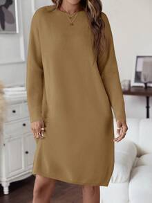 SHEIN LUNE Solid Drop Shoulder Sweater Dress In Fall/Winter - Khaki - View 4