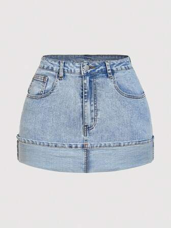 SHEIN CURVE+ Plusstorlek Enfärgad Fickad Trendig Denim Minikjol