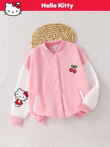 HELLO KITTY AND FRIENDS | SHEIN 少女休闲日常舒适卡通字母图案棒球领撞色袖纽扣保暖外套 - 彩色 - 查看 2