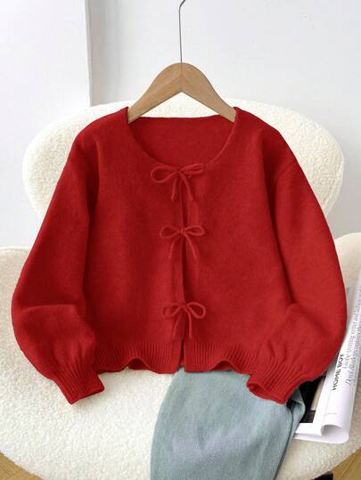 SHEIN Tween Girls' Loose Casual Minimalist Comfortable Round Neck Long Sleeve Bowknot Polka Dot Cardigan, Back To School Season Kids Cardigan For Girls 7 Yrs Old Girl Shrug Cardigan Kids Sweaters For Girls Button Girl Clothes Autumn And Winter Clothes Strawberry Cardigan Kids