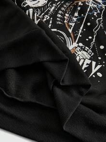 ROMWE MEN Goth Men's Letter & Skull Print Long Sleeve Hooded Sweatshirt With Fur Collar, Casual For Autumn/Winter - Black - View 7