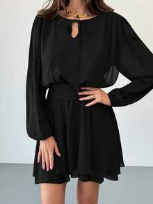 Aloruh Black Elegant French Date Dinner Date Music Festival Tie-Up Long Sleeve Ruffle Hem Mini Dress For Women Autumn - Black - View 6