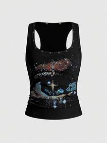 ROMWE Avant Women's Kpop Retro Baddie Unisex Streetwear Starry Sky & Rivet Print Tank Top