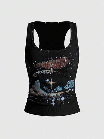 ROMWE Avant Camiseta de tirantes con estampado de cielo estrellado y remaches, estilo retro y callejero unisex de Kpop