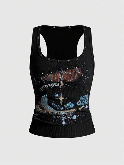 ROMWE Avant Women's Retro Baddie Unisex Streetwear Starry Sky & Rivet Print Tank Top