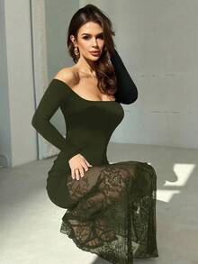 Firerie Váy maxi ren chắp vá tay dài hở vai màu đen gợi cảm, thanh lịch, lãng mạn cho buổi tối hẹn hò, tiệc tùng, mùa thu - xanh quân đội - Xem 3