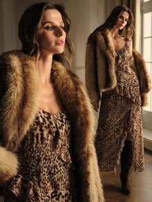 MOTF PREMIUM Cappotto oversize con collo scialle in pelliccia sintetica, spalle a caduta, autunno inverno - Caffè Marrone - Visualizzare 8