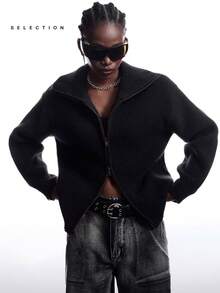 LYSMO 精选女士秋季立领拉链宽松插肩毛衣黑色毛衣黑色高领毛衣黑色开衫适合外出、返校、毕业、街头、朋克风、Y2K风格、斯德哥尔摩风格、万圣节服装、圣诞节毛衣 - 黑色 - 查看 4