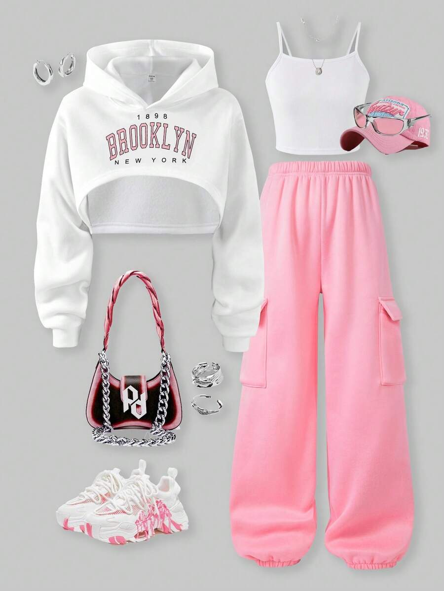 SHEIN Explorewe 3 件套 Tween 女童保暖内衬套装：字母印花运动衫、吊带背心和工装裤，适合秋冬季