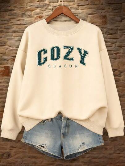 EMERY ROSE 1pc Women's Casual Round Neck Sweatshirt, Letter Printed Autumn And Winter Long Sleeved Pullover, Gray Sportswear