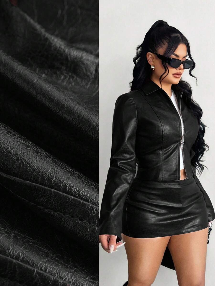 SHEIN SXY Áo khoác da PU màu đen cắt ngắn có khóa kéo và cổ đứng, áo khoác ngoài dài tay thường ngày bằng da cho nữ, áo da đen, câu lạc bộ màu đen, mùa thu, mùa thu cho nữ - màu đen - Xem 1