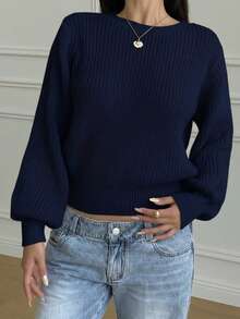 SHEIN Teen Girls' Crew Neck Puff Sleeve Short Basic Sweater, Navy Blue - Navy Blue - View 3