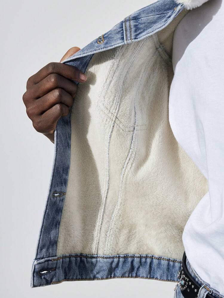 SHEIN Maija Damska kurtka jeansowa na jesień/zimę, termiczna, podszyta materiałem z ciepłej wełny jagnięcej, klasyczny płaszcz zimowy