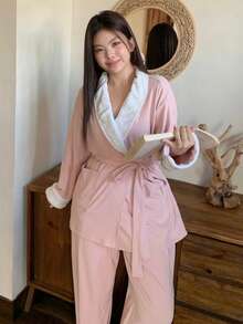 Dazy Plus 2pcs/Set Contrast Color Block Thick Loose Drawstring Top And Pants Pajama Set, Casual Sleepwear For Women Plus Size, Fall & Winter Clothes - Pink - View 1