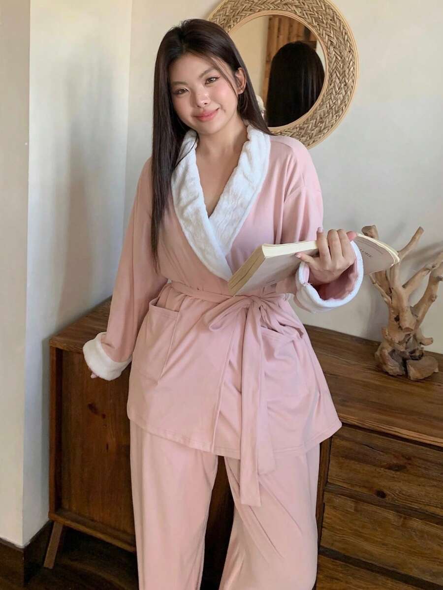 Dazy Plus 2pcs/Set Contrast Color Block Thick Loose Drawstring Top And Pants Pajama Set, Casual Sleepwear For Women Plus Size, Fall & Winter Clothes - Pink - View 1