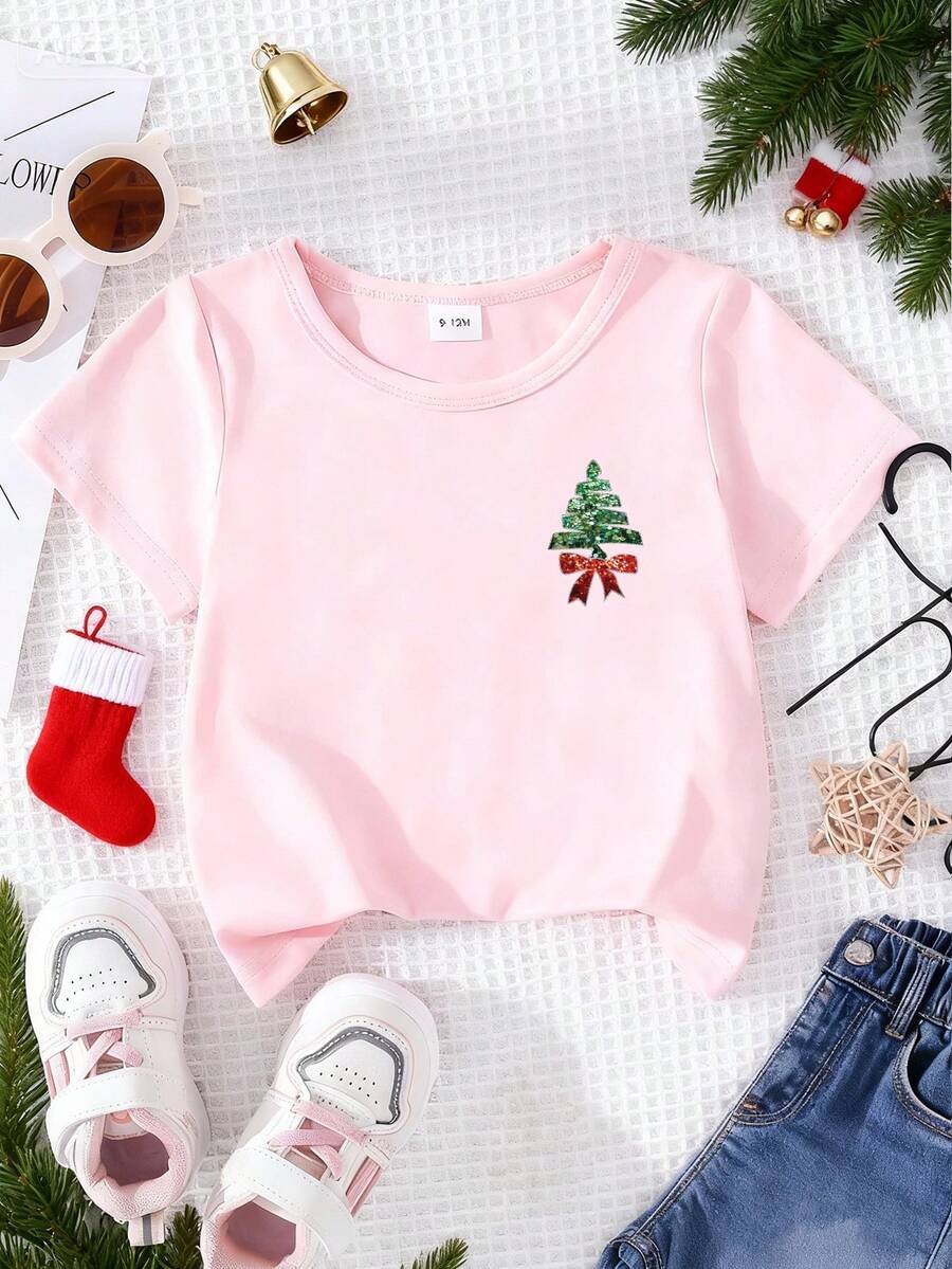 1pc Baby Girl Unisex 0-3Y Christmas Pattern Casual Pink Short Sleeve Crew Neck T-Shirt, Suitable For Christmas Outings, Home Activities, Daily Casual Wear, Christmas Pink Crew Neck T-Shirt - Pink - View 1
