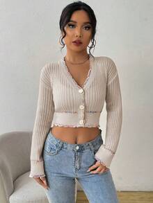 Chiquease Women's Elegant Contrast Trim Button Front Ribbed Knit Cardigan Sweater - Beige - View 4