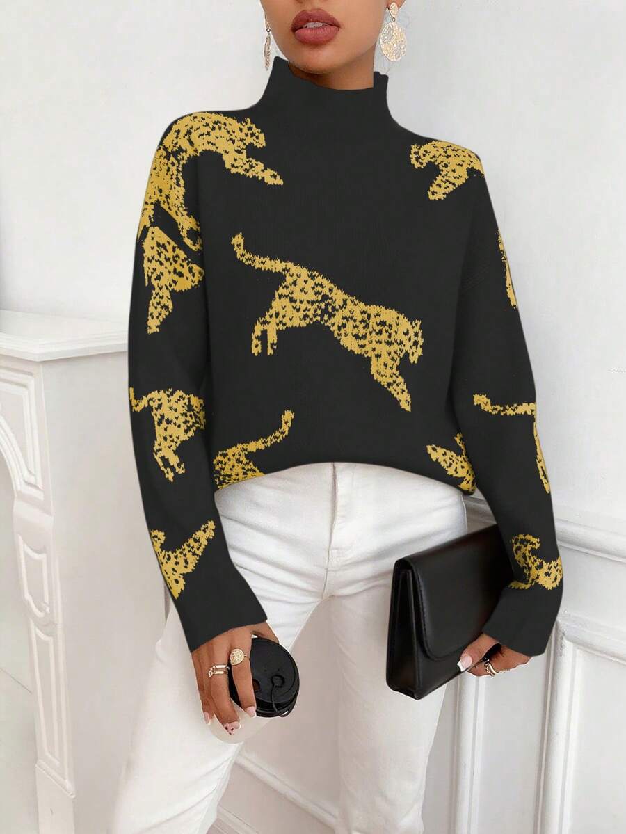 SHEIN Clasi Women's Casual Animal Pattern Stand Collar Sweater, Autumn/Winter