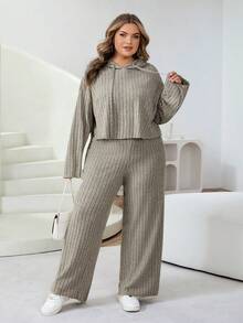 SHEIN CURVE+ Plus Size Women's Khaki Summer Curve Smart Casual Loungewear,Ribbed Knit Hooded Long Sleeve Sweatshirt And Pants 2-Piece Set,Drop Shoulder Outfit - Apricot - View 5
