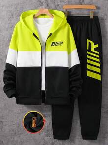 SHEIN 2pcs/Set Teens Boys Loose Letter Graphic Hoodie And Sweatpants Tracksuit, Suitable For Spring, Summer, Autumn, Winter, Back To School Outfit