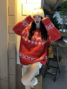 DAZY Women's Reindeer Colorblock Floral Pattern Long Sleeve Sweater, Christmas Style, Autumn/Winter Christmas - Red - View 1