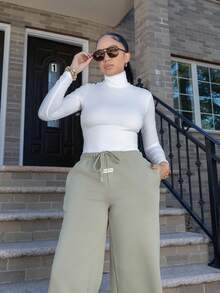 Melissa Matos Áo thun cổ lọ tay dài trơn màu thường ngày dành cho nữ, Thu/Đông - trắng - Xem 5