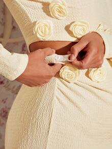 Loomaby Conjunto elegante de 2 piezas con top corto de manga larga con decoración floral 3D y falda midi con dobladillo de cola de sirena, unicolor para maternidad - Caqui - Ver 6