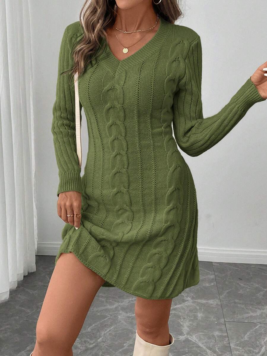 SHEIN LUNE V-Neck Waist Gathered A-Line Dress, Textured Knit Casual Commuter Elegant Dress For Women, Autumn/Winter - Army Green - View 1