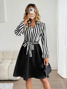 SHEIN LUNE Women's Black And White Striped Patchwork Long Sleeve Waist Cinched Dress,Autumn Elegant Office Outfits,Business Casual Dress Shirt Fall Clothes - Multicolor - View 6