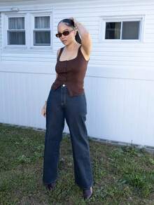 Melissa Matos Fransk stil fyrkantig hals ärmlös slitsstickad linne för kvinnor, sommar beskuren passande designlook - Brun - Visa 3