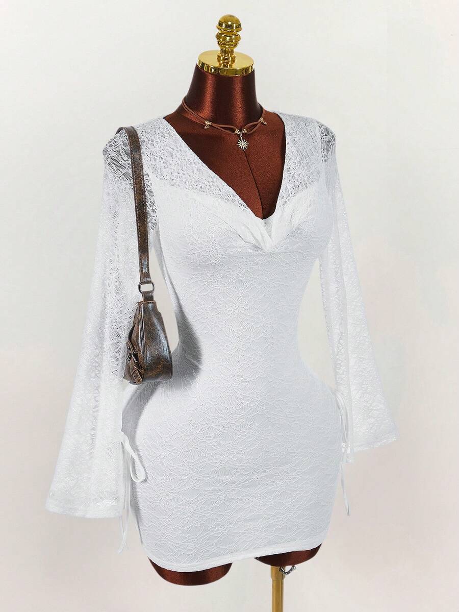 Amplova Đầm ôm sát tay dài hở lưng cổ khoét sâu gợi cảm cho nữ - trắng - Xem 1