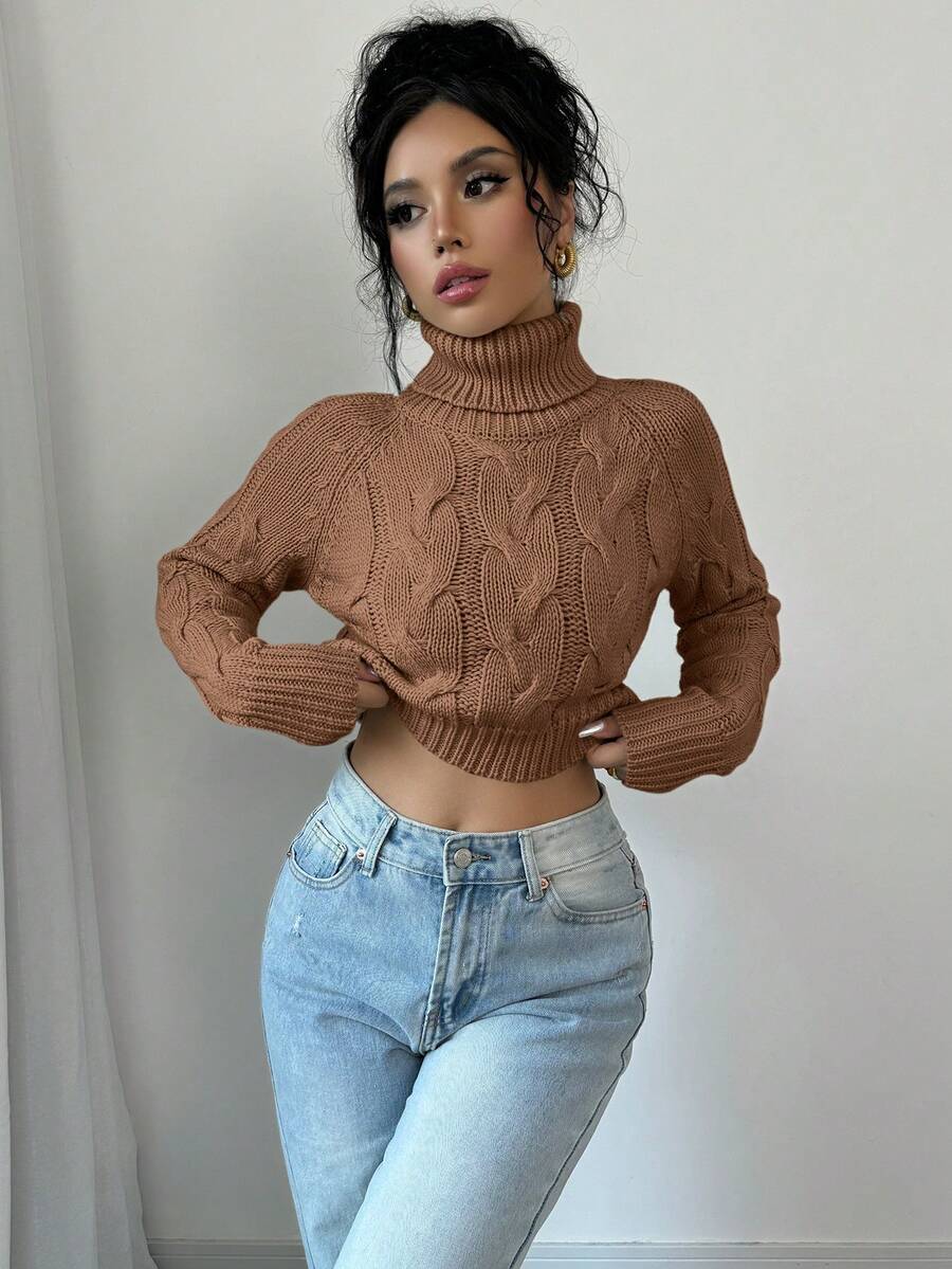 Elenzga Women's Casual Solid Color Cable Knit Turtleneck Sweater, Autumn/Winter - Coffee Brown - View 1