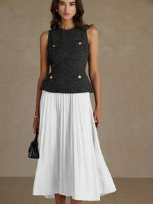 Revavyn 时尚优雅通勤加厚面料+褶裥腰身无袖连衣裙，初秋款 - 黑與白 - 查看 3