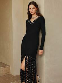 Arave Women's Slim Fit V-Neck Beaded And Rhinestone Button Tassel Design, Elegant Sleeveless Vest Sweater Dress, Perfect For Dates,   Parties, Or Black Parties. - Black - View 6