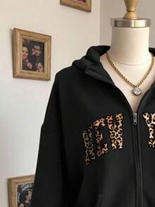 Lalippa 女士豹纹字母图案连帽拉链长袖运动衫 - 黑色 - 查看 3