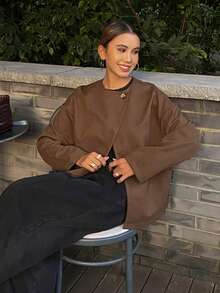 Livesso Veste élégante pour femmes avec col asymétrique, fente haute, coupe ample pour le business casual, les trajets de bureau, l'automne/l'hiver - Camel - Voir 5