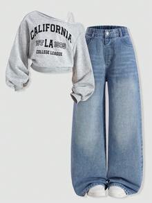 少女两件套，复古美式街头风，Y2K美学，包括一件印有英文数字的宽松灰色卫衣和一条宽松蓝色阔腿牛仔裤，时尚舒适，适合休闲外出、街头摄影、日常休闲和周末活动。 - 淺灰色 - 查看 4