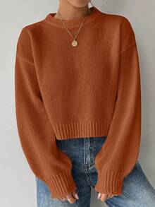 Celisse Tropiluxe 女式纯色简约休闲圆领长袖白色毛衣 - 鏽棕色 - 查看 6