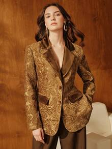 Anewsta Blazer élégant et chic pour femmes en jacquard, coupe slim et polyvalent. Convient pour les occasions formelles, les fêtes, le travail, la remise des diplômes, les mariages. Robe rouge. - Marron - Voir 5
