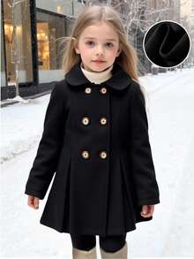 SHEIN Young Girls' Black Double-Breasted Peter Pan Collar Woolen Coat On