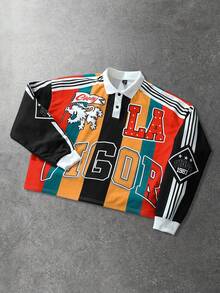 ROMWE MEN Prep Unisex Striped Pullover Pullover Sweatshirt, Street Style American Sweatshirt, Autumn/Winter - Yellow - View 3