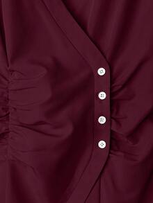 Franclia Áo cánh nữ tay dài màu trơn cổ chữ V, xếp ly eo đơn thời trang - Màu Đỏ Sâu - Xem 5