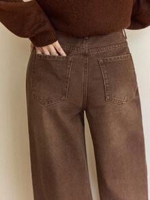 DAZY 女士高腰宽松破洞长款牛仔裤 - 棕色 - 查看 2